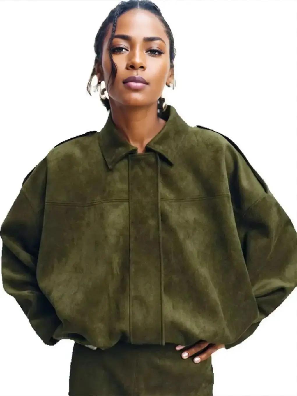 2026 New Women's Faux Suede Collared Jacket with Shoulder Straps Loose Fit Lady Bat Sleeve Olive Green Oversized Coats Outerwear