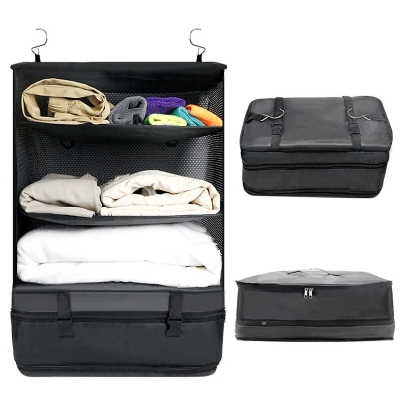 Travel Luggage Organizer Portable Travel Shelves Bag 3-Shelf Suitcase Packing Cube Collapsible Hanging Closet Storage Bag Space