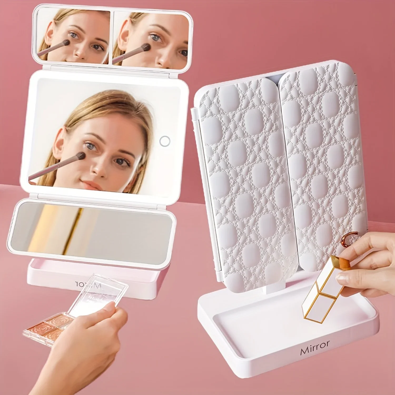 Rotatable Foldable Lighted Makeup Mirror With , USB Rechargeable Mirror With 3 Colors Light,  Screen Dimming, Vanity Mirror For