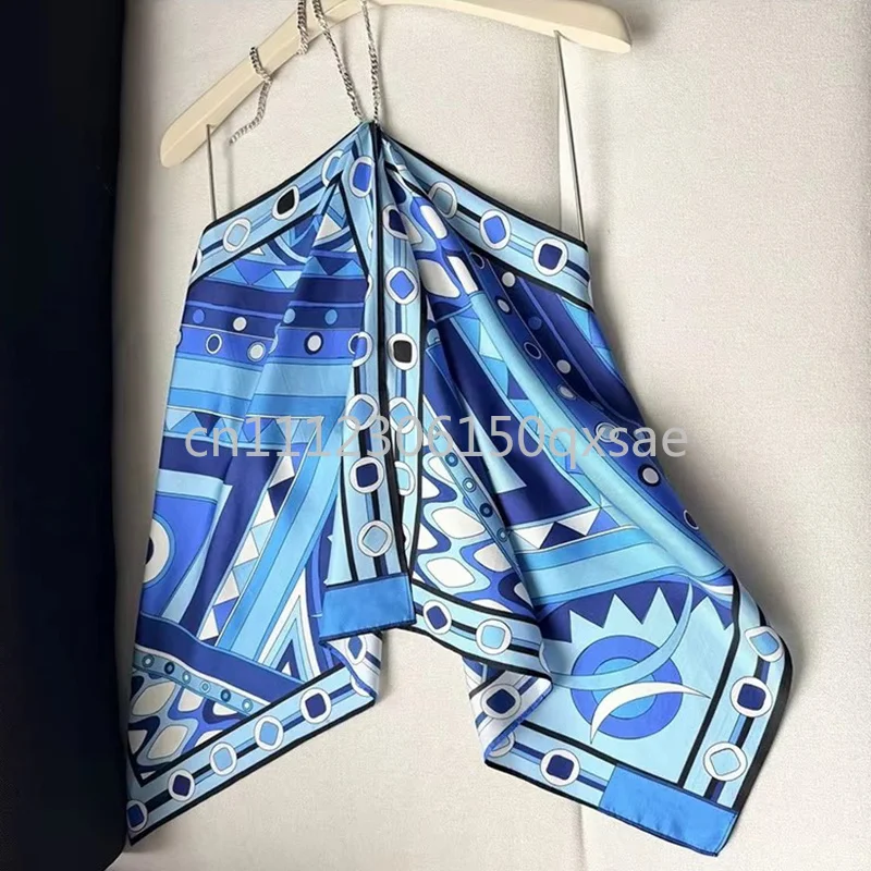 Image of Klassisches Design Damen Blaue Neckholder-Tops mit Designer-Signatur-Buchstabenlogo Luxusmarke Sexy Ärmellose T-Shirts