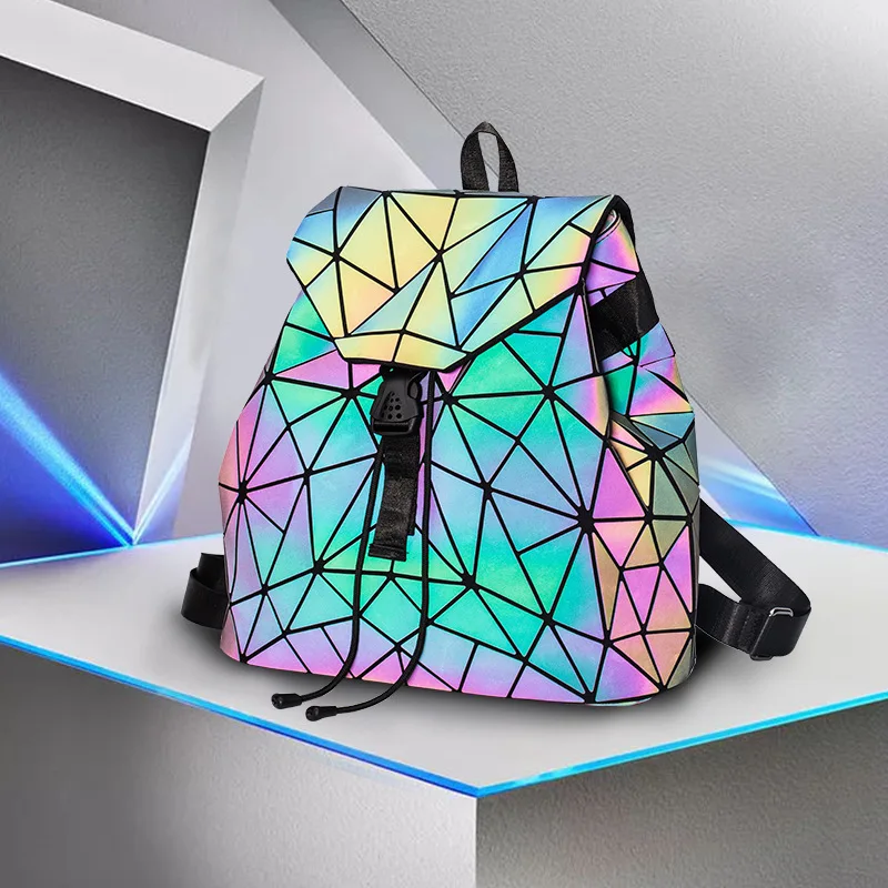 Fashion Drawstring Folding Backpack 3 Set/Holographic Diamond Luminous Travel Bag/Shoulder Bag/Long Purset