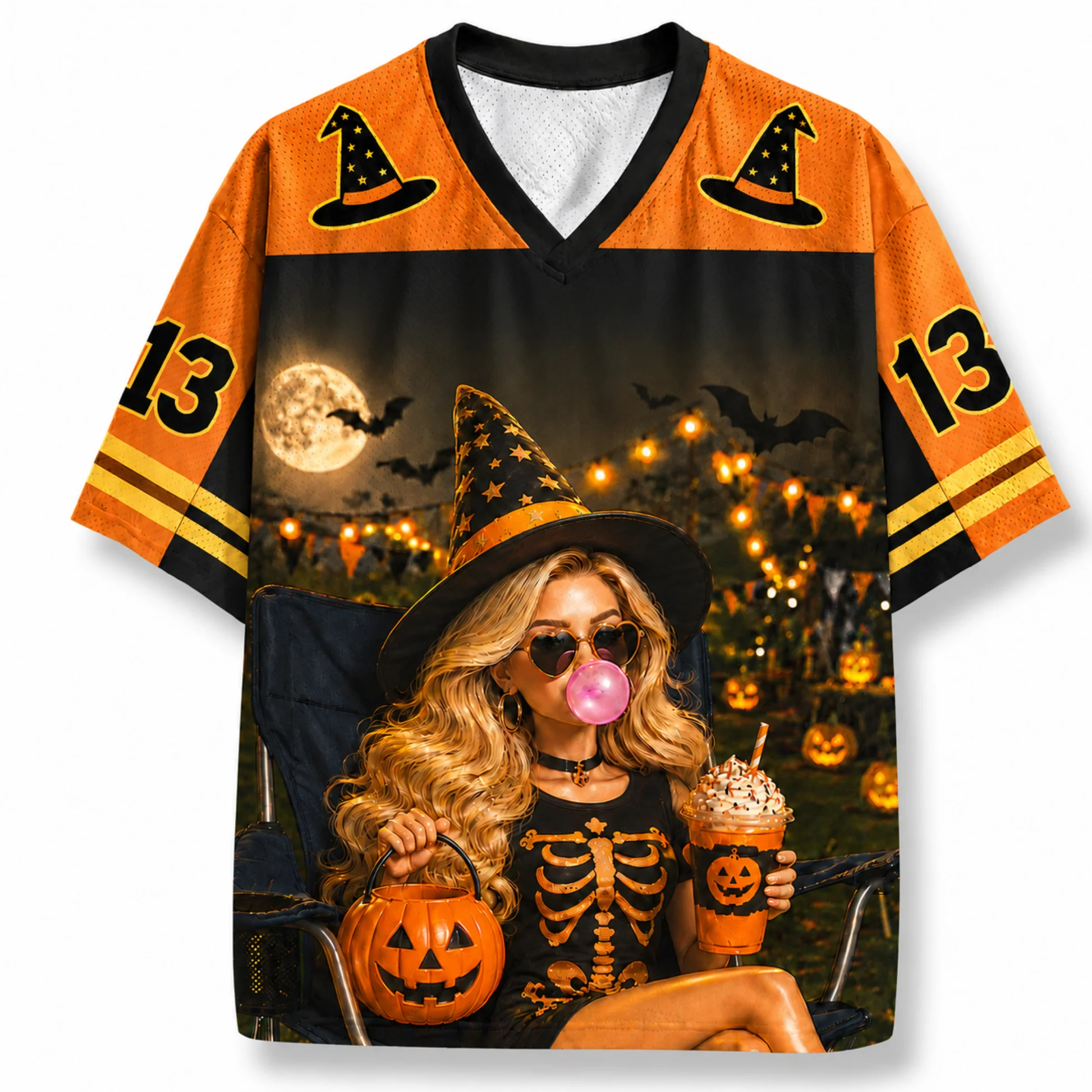 Retro Autumn 3D Printed Bat Full Moon Witch Atmosphere V-neck T-shirt Trendy Halloween Men's and Women's Soccer Uniforms