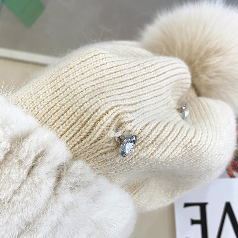 Top Quality Women\'s Winter Knitted Wool Belend Patchwork Real Mink Fur Hat Cap Natural Fox Fur Pom Poms Beanie Lady Fashion