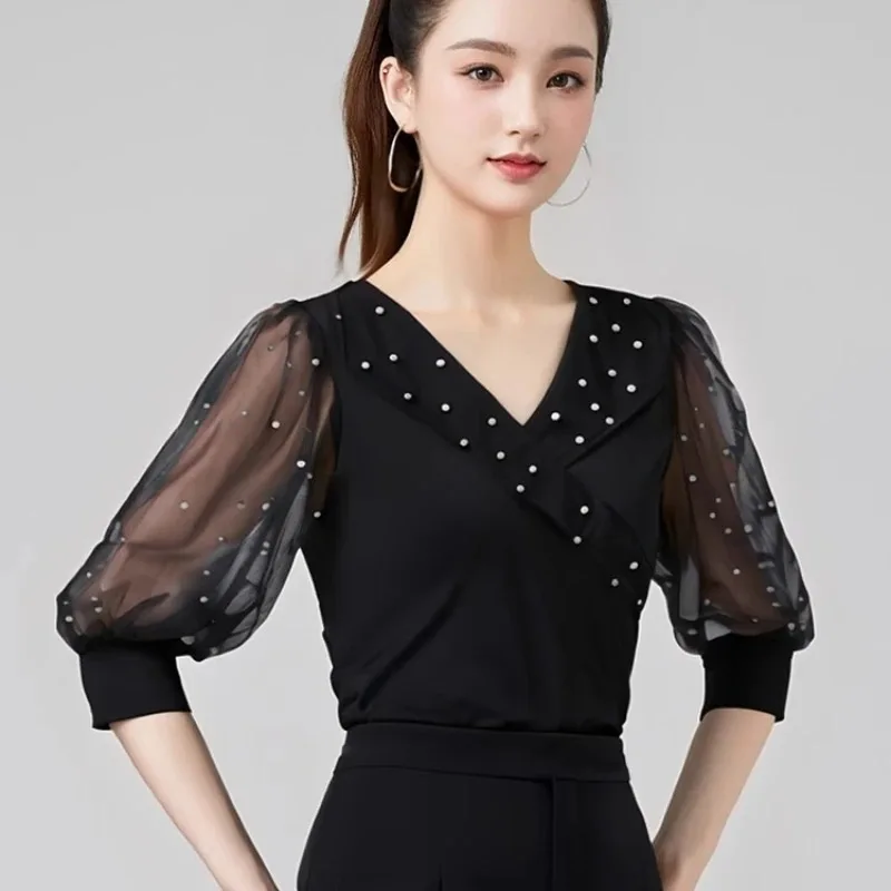 

Fashionable and Comfortable Modem Dance Women's Tops Breathable Mesh Beaded Dance Clothing Sorority Latin Dance Practice Clothes