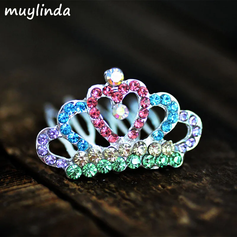 Colorful Rhinestone Metal Mini Crown Hair Combs For Girls Fashion Flower Girl Party Hairs Tiara Headwear Accessories