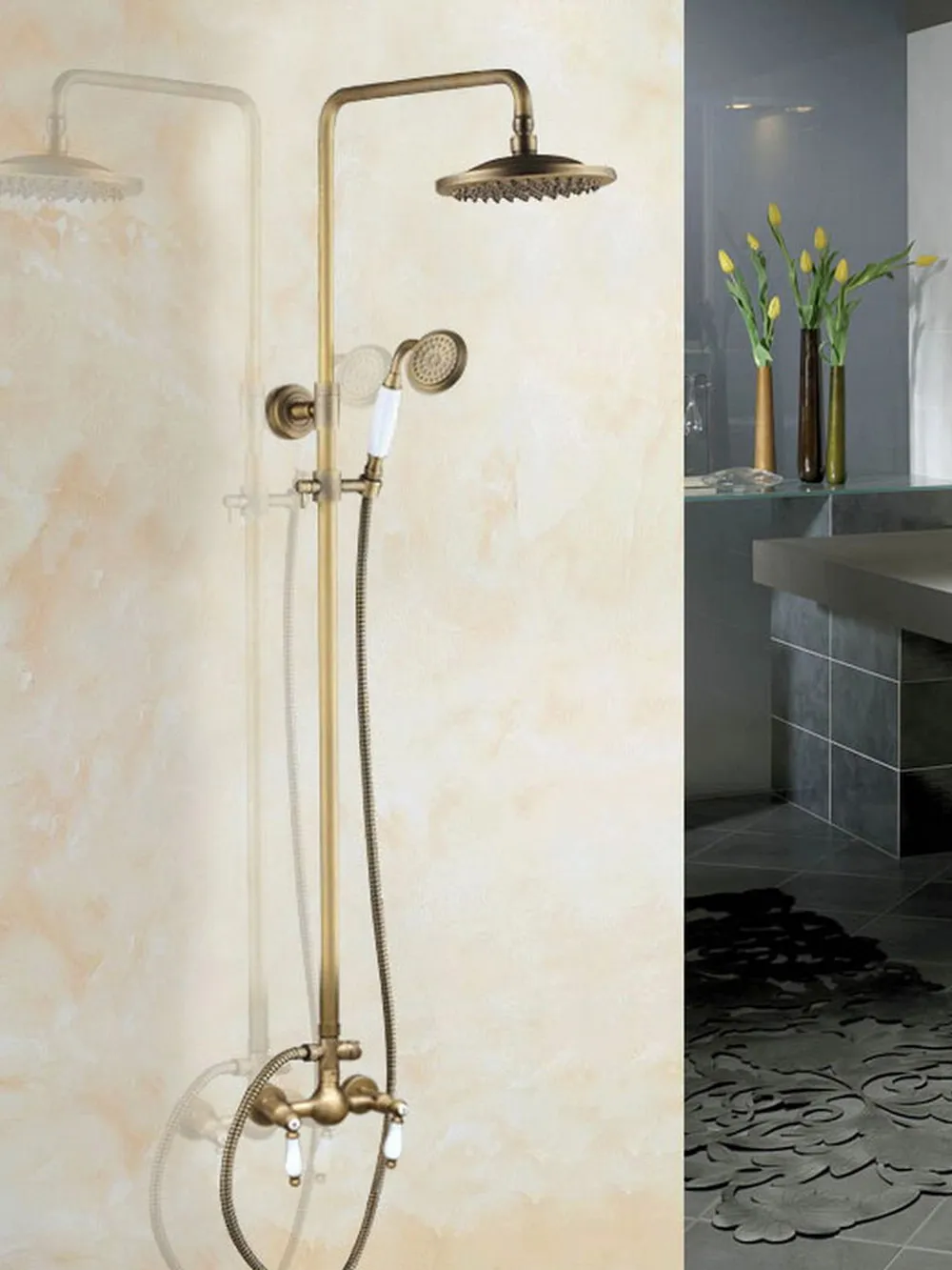 

Двойные керамические ручки для ванной комнаты, античная латунная настенная круглая насадка для душа, дождевой и фотографический смеситель, Набор смесителей aan118