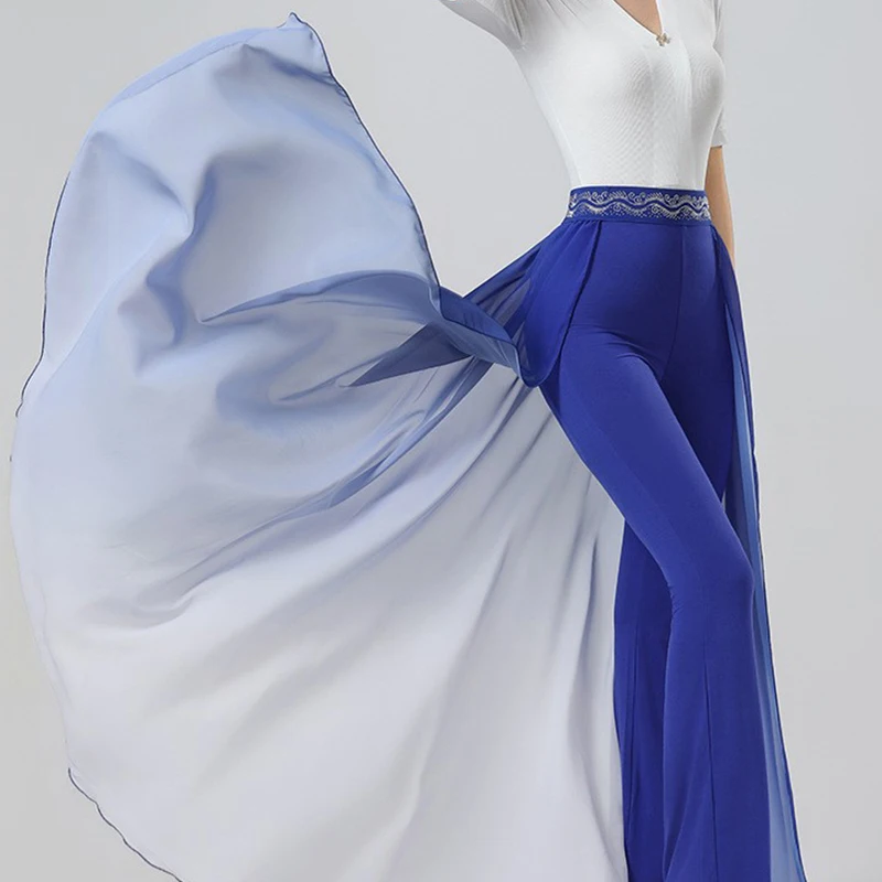 Nieuwe Gradiënt Chiffon Dans Hippe Sjaal Met Cummerbund Riem Modern Dance Kostuum Catwalk Ractice Model Bell-Bottoms Dansbroek