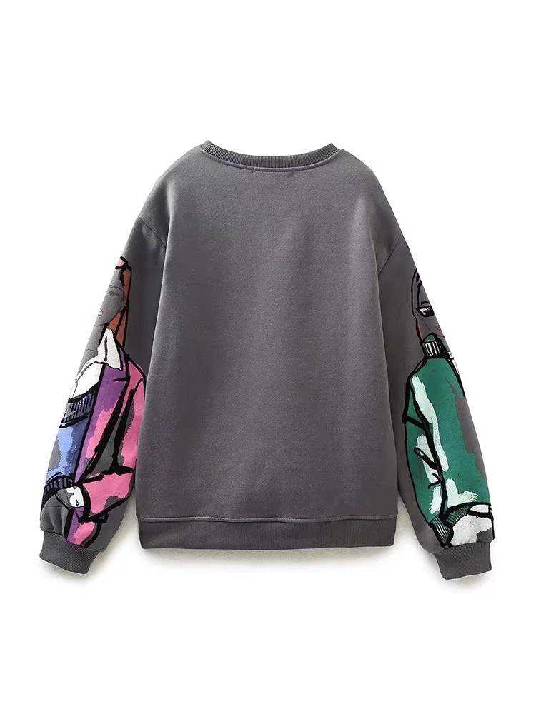 Autumn Winter Women Coal Gray O Neck Printed Sweatshirts Long Sleeve Loose Casual Pullovers Female Sudaderas