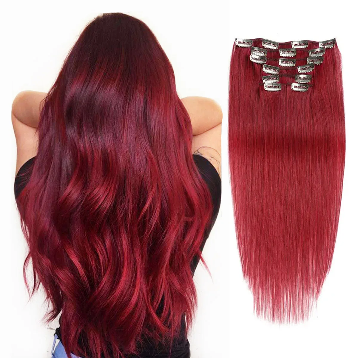 Clip In Hair Extensions Real Human Hair 14-18 Inch 7pcs Human Hair Extension Clip Ins Burgundy Wine Red Long Full Head For Women