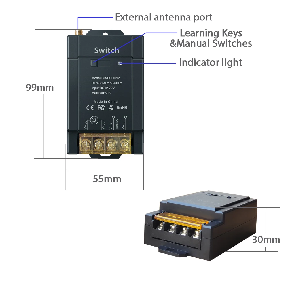 Wireless RF433 Switch On-off High-power 30A Wide-voltage DC 12-72V Long-distance Remote Control 2000-2500M