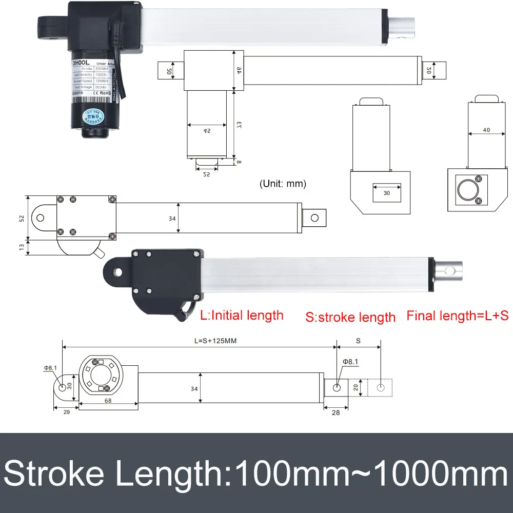 1500N linear actuator DC 12V 24V 100MM~1000MM Stroke 20kg/50kg/100kg/150kg load electric lifting motor 5-52MM/S for windows/car