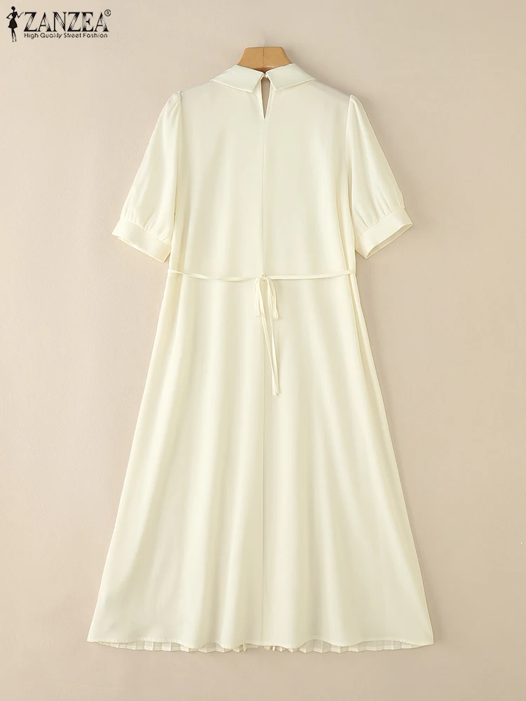 ZANZEA 짧은 퍼프 슬리브 Pleated 파티 드레스 턴 다운 칼라 빈티지 레이스 패치 워크 우아한 가운 Femme Women Midi Vestidos