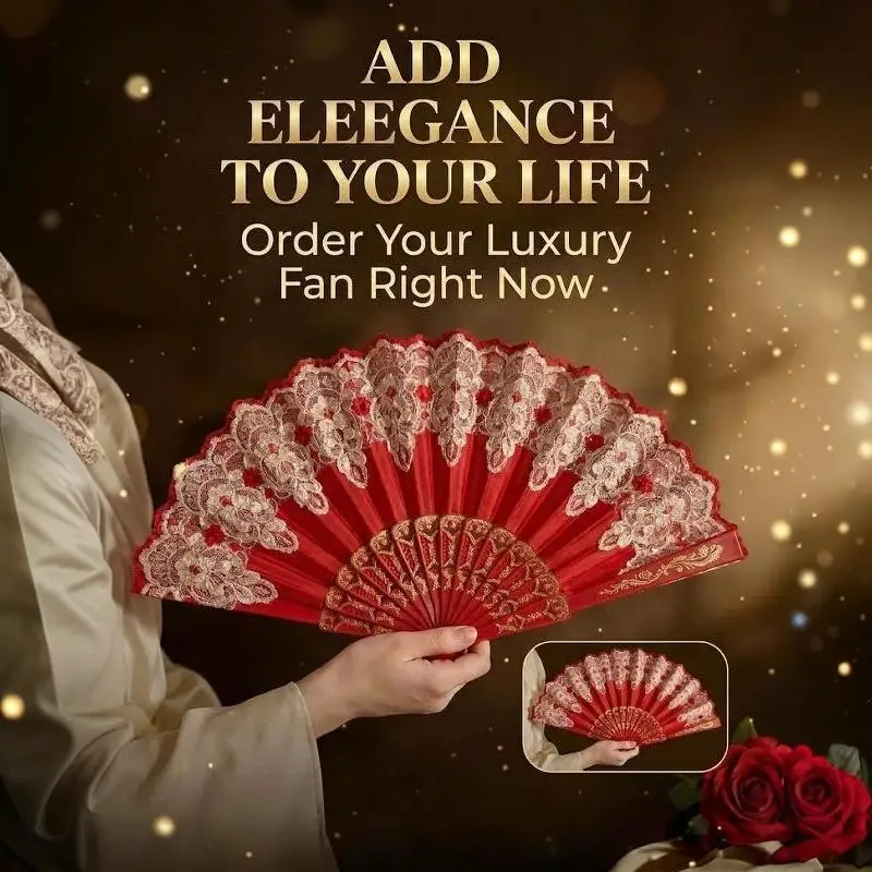 Red Lace Folding Hand Fan Gold Embossed Pattern Elegant Handheld Fan Lightweight Decor Fan For Wedding Party Cosplay Photo Prop