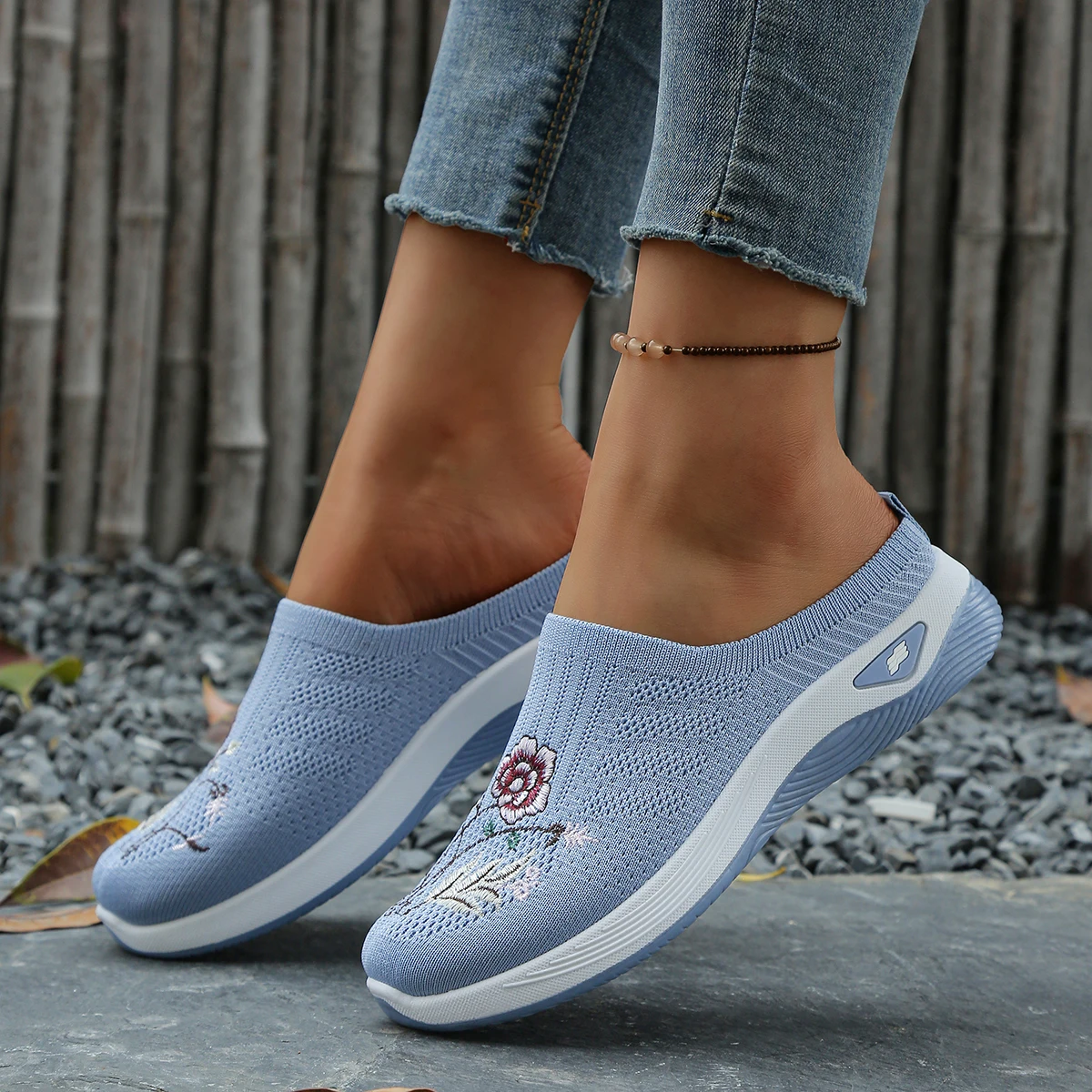 Large Size Women Backless Platform Sneakers Floral Embrodry Mesh Slip On Mules Non Slip Comfort Elderly Walking Casual Slippers