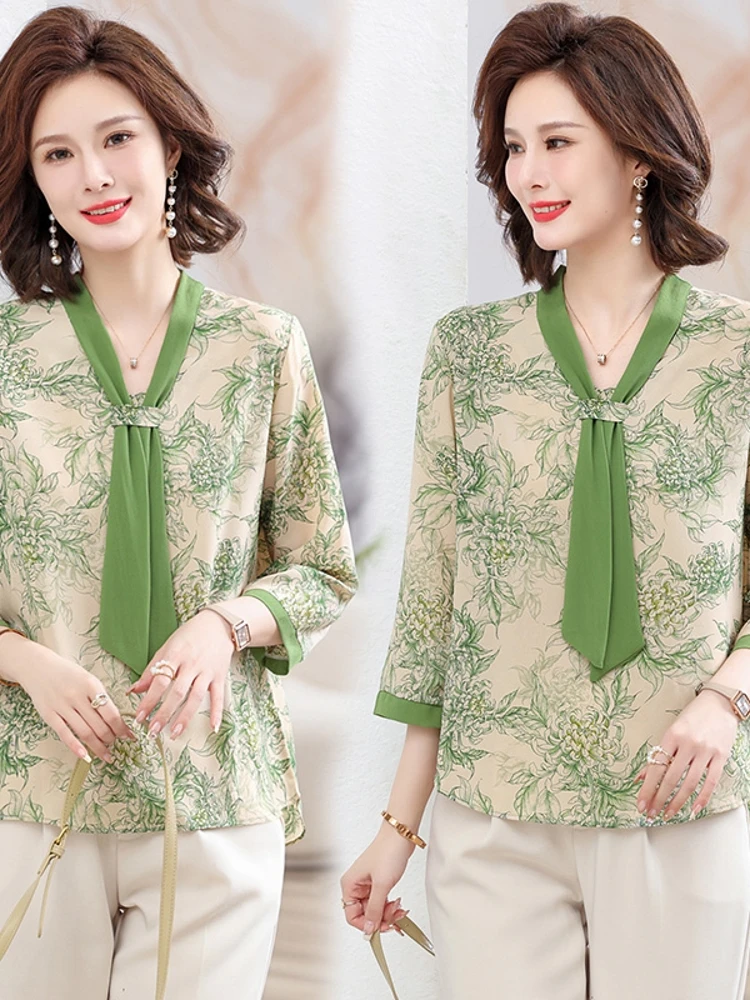 

Faionable Midi Sve Chiffon Top T-irt Loose ort Sve Base Layer for Middle-Aged Women Spring Summer Casual Wear