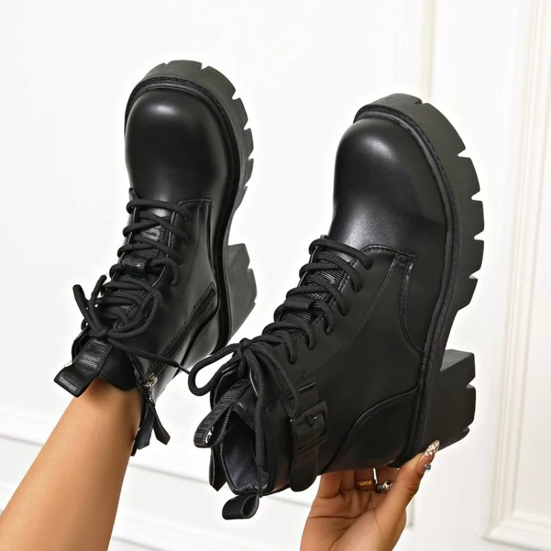 Bottines pour femmes à talon bloc épais, bout rond, fermeture éclair latérale, à lacets, style combat, empeigne aspect cuir, bride à boucle, semelle à crampons
