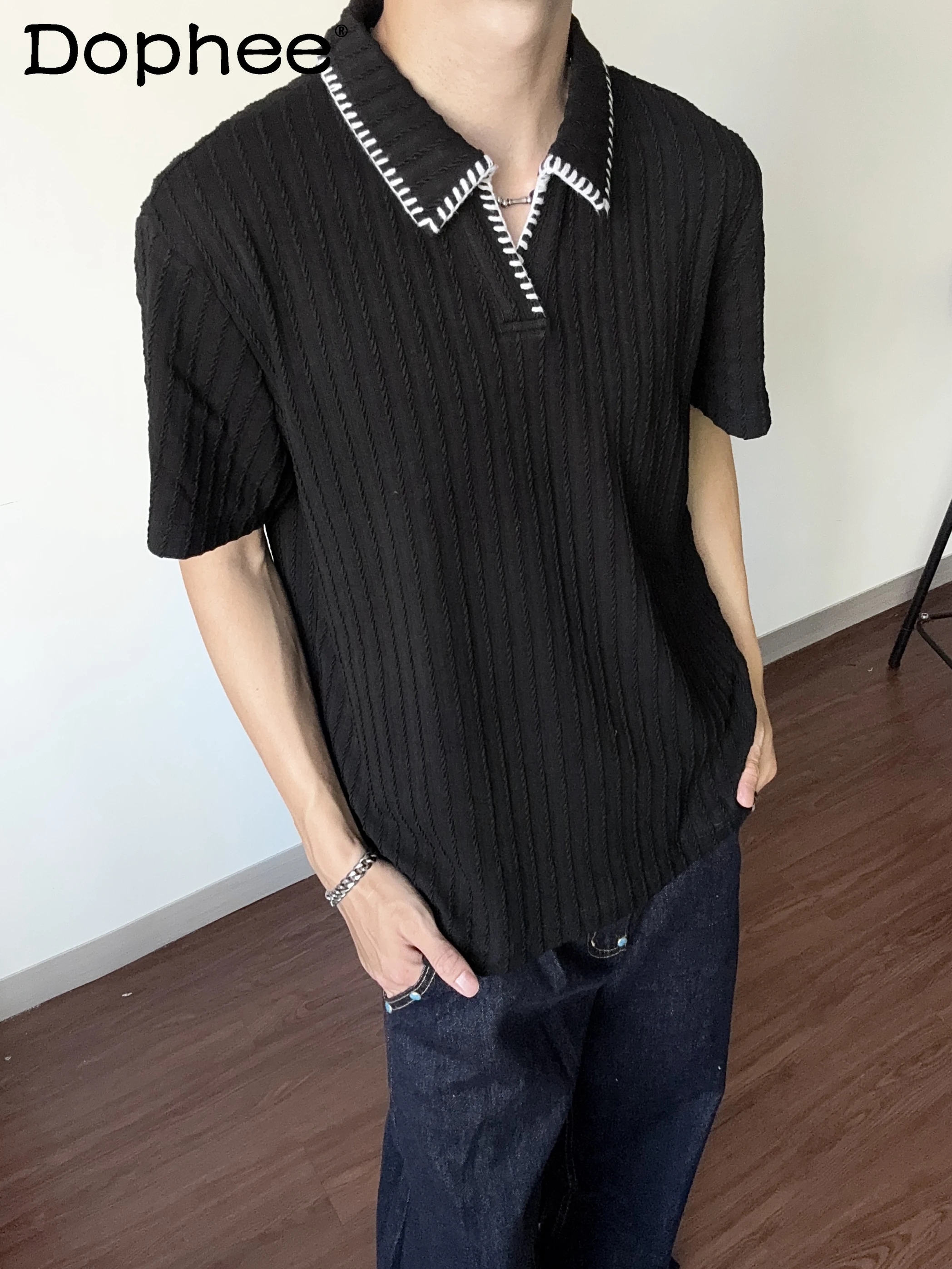 

2025 New American Retro Knitted Polo Shirt Turn-Down Collar Short Sleeve T-Shirt High-End Fashion Trend Half Sleeve Top for Men