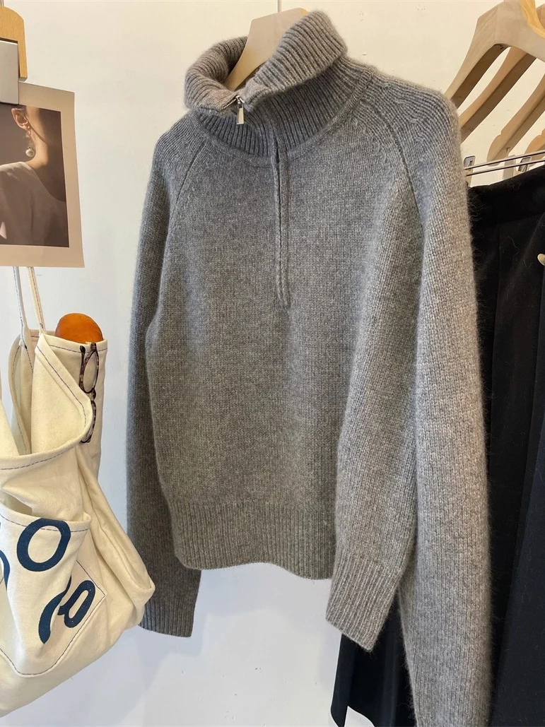 

Мягкий шерстяной свитер с высоким воротником на молнии, свободный, утепленный, осенне-зимний, женский, вязаный, для повседневной носки, в корейском стиле, свободного кроя