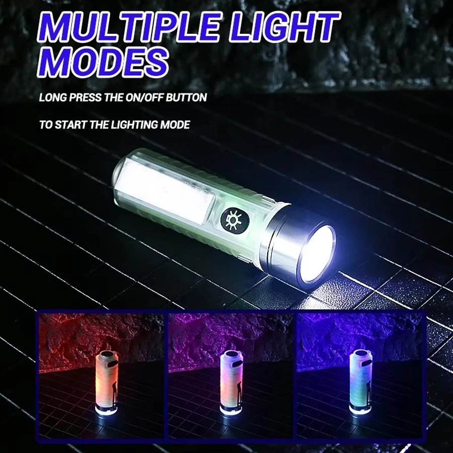 Linterna LED recargable por USB C, MINI llavero con luz LED con imán trasero, luz Uv, linterna portátil multifunción, luces de Camping