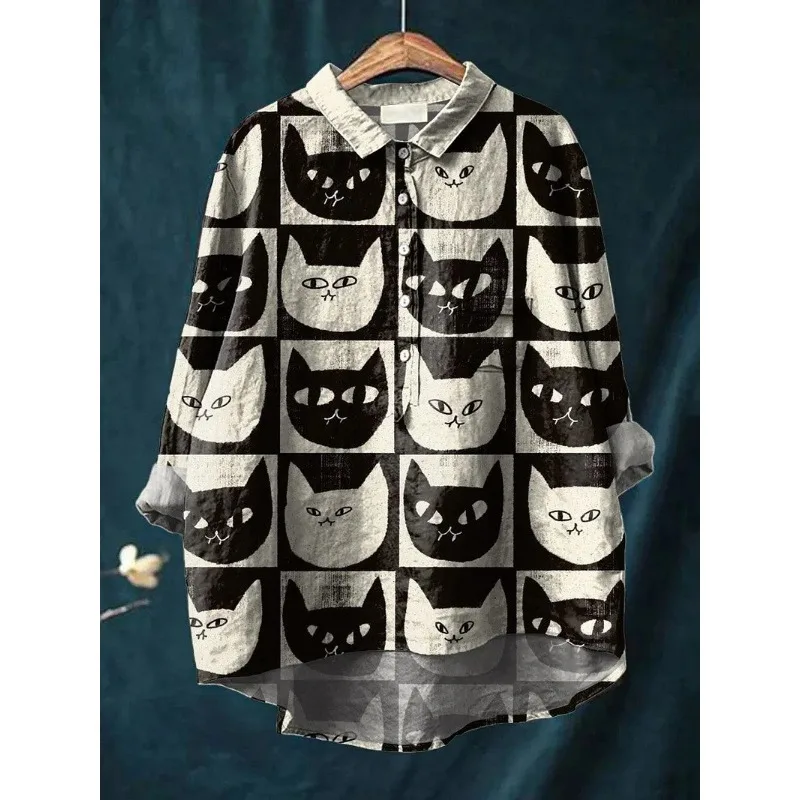 

Cute Strawberry Cats Print Women's Long Sleeve Shirt Summer Casual V Neck Shirts Japanese Kimono Blouse Harajuku Cozy Loose Top