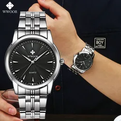 WWOOR Top Fashion Men Watch Silver Stainless Steel Male Clock Sports Waterproof Quartz Luxury Wristwatches Men Relogio Masculino