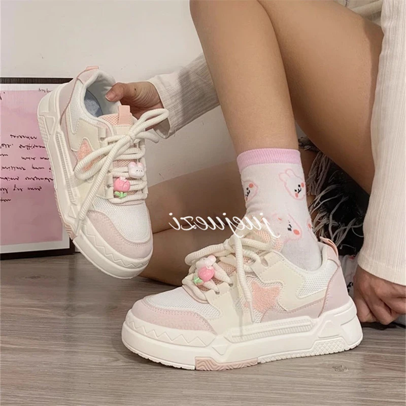 Pink Sports Shoes Woman Spring Autumn 2024 Platform Sneakers Vintage Casual Vulcanize Kawaii Female Flats Platform Shoes