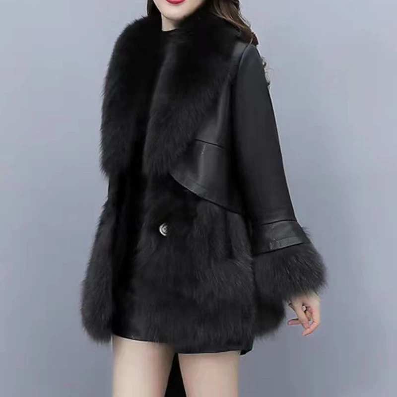 Faux Fur Coat Women With Big Fox Fur Collar Pu Leather Jacket Lady Elegant Fluffy Outerwear Fashion Furry Artificial Fur Coat