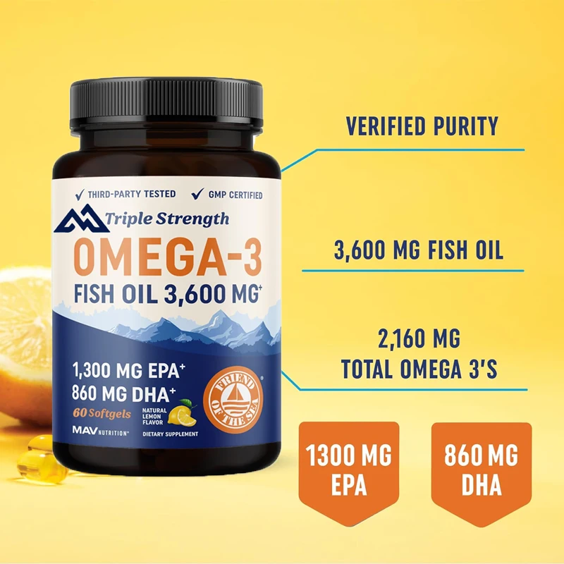 

Omega 3 60 capsules fish oil over 2100 milligrams Omega 3 fatty acids | 1300 milligrams EPA+860 milligrams DHA