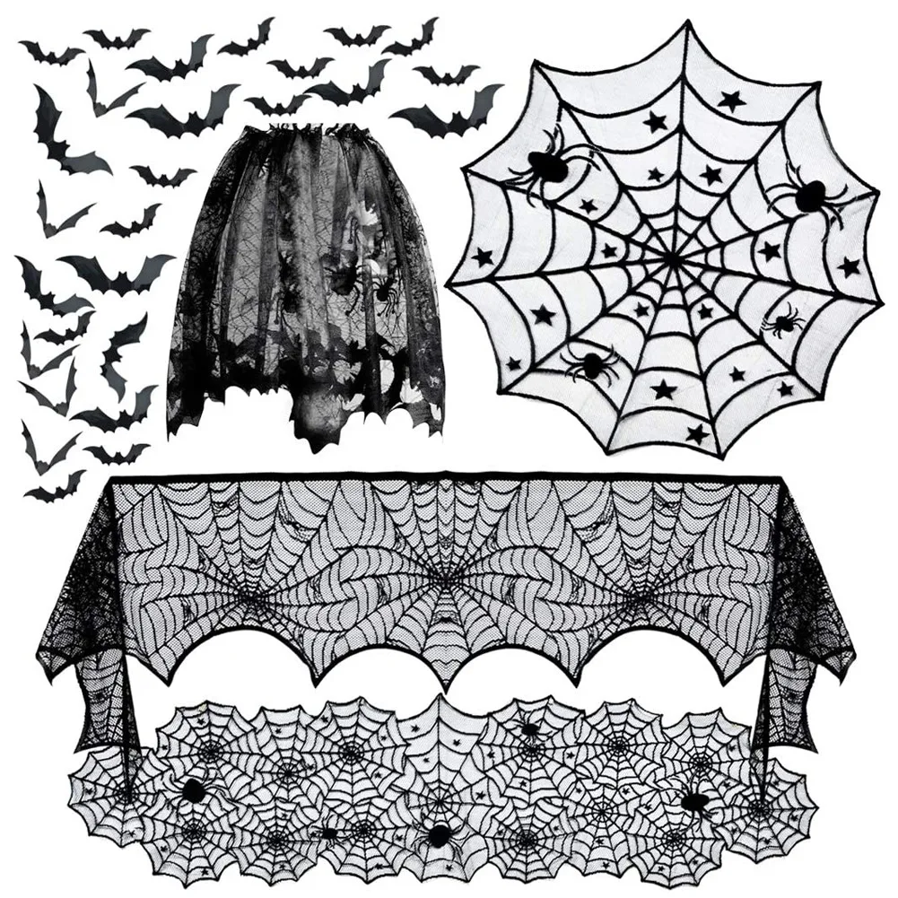 Halloween Black Spider Web Lace Tablecloth Bat Spider Fireplace Curtain Cloth Decoration Home Horror Props Halloween Party 2023