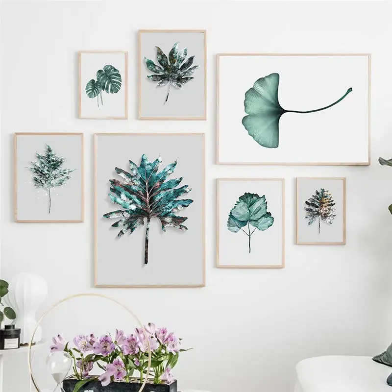 

Настенная картина с зелеными листьями растений, абстрактная Минималистичная живопись, постеры и принты для гостиной, домашний декор