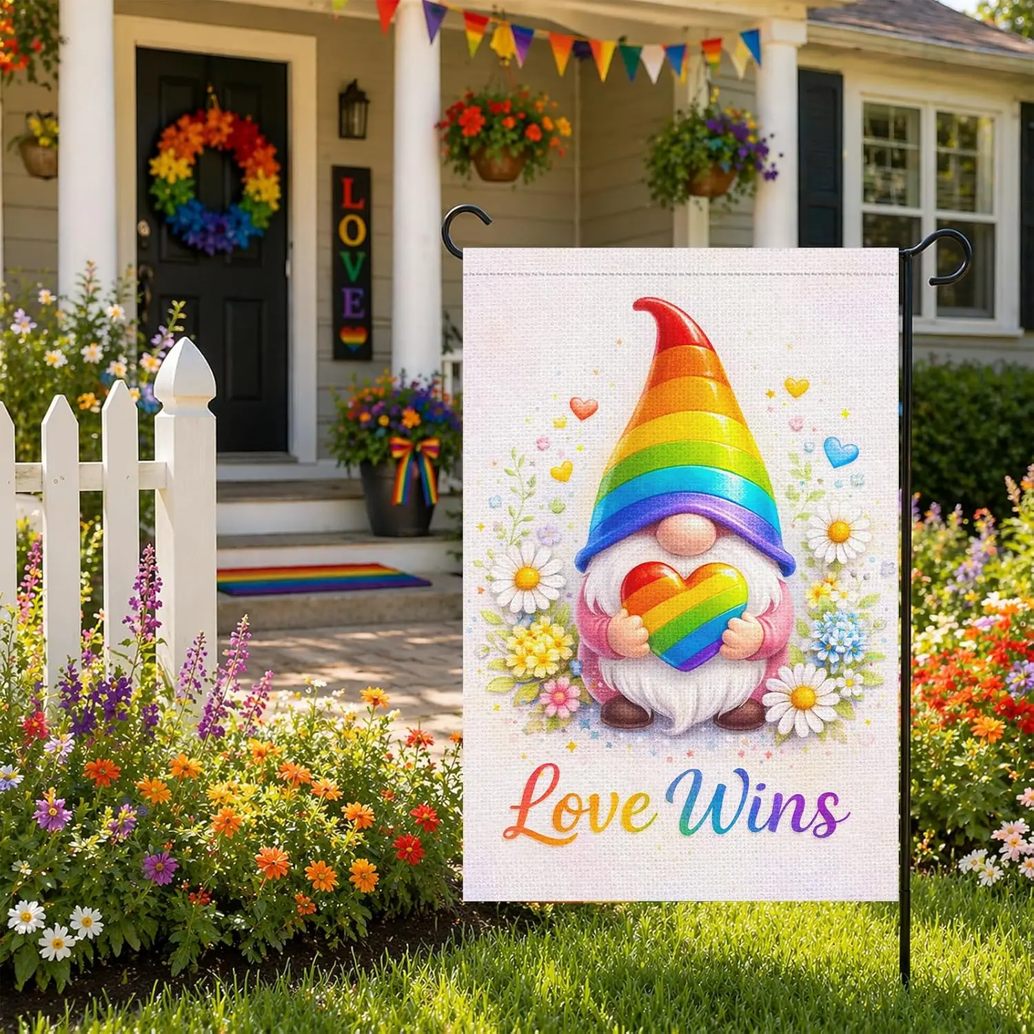 Heyfibro Rainbow Gnome Pride Garden Flag – 12x18 Inch Double Sided Love Wins Flag for Pride Month Celebrations Home Yard Pat kkz