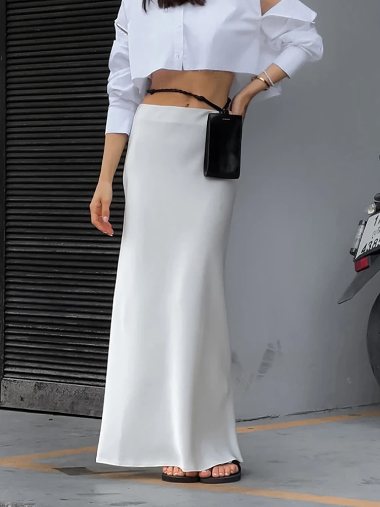 Elegant Satin White Black Trumpet Skirts For Women Y2K Slim High Waist Skirts Female 2023 Solid Office Long Skirt Spring Summer