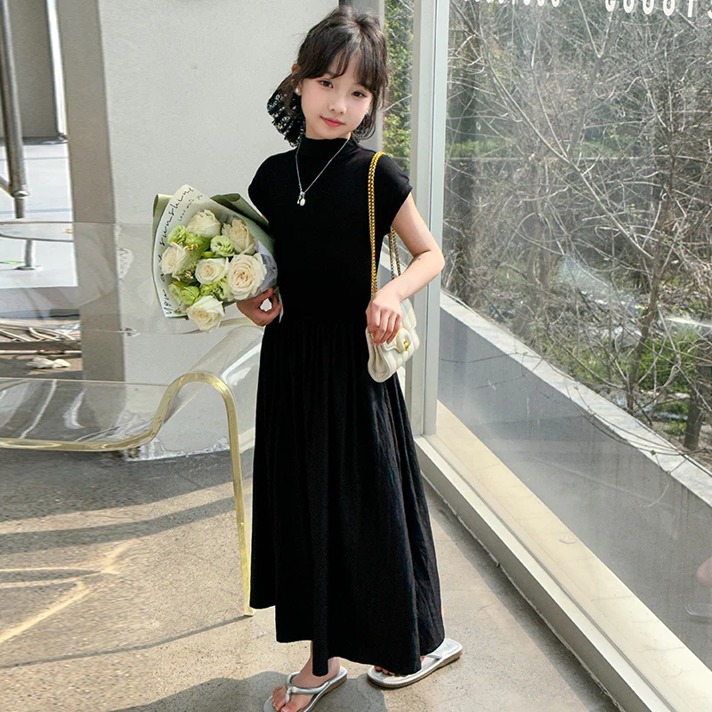 french design teenager girls long dress junior black Sleeveless high neckline pleats Princess dresses child kids formal clothes