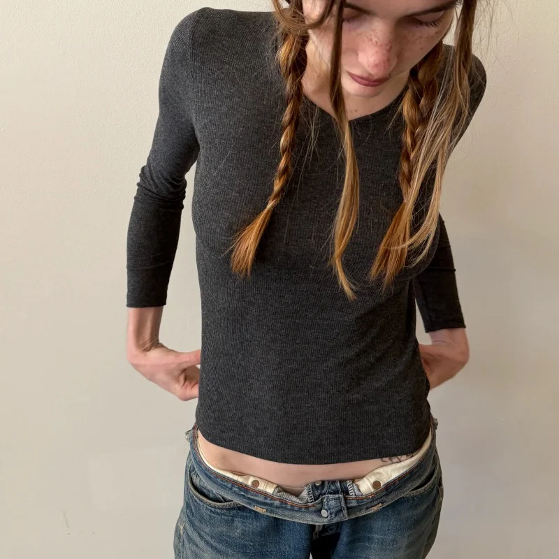 Women V Neck Long Sleeve Shirts Basic Fitted Double Lined Going Out Y2K  Fall Tops