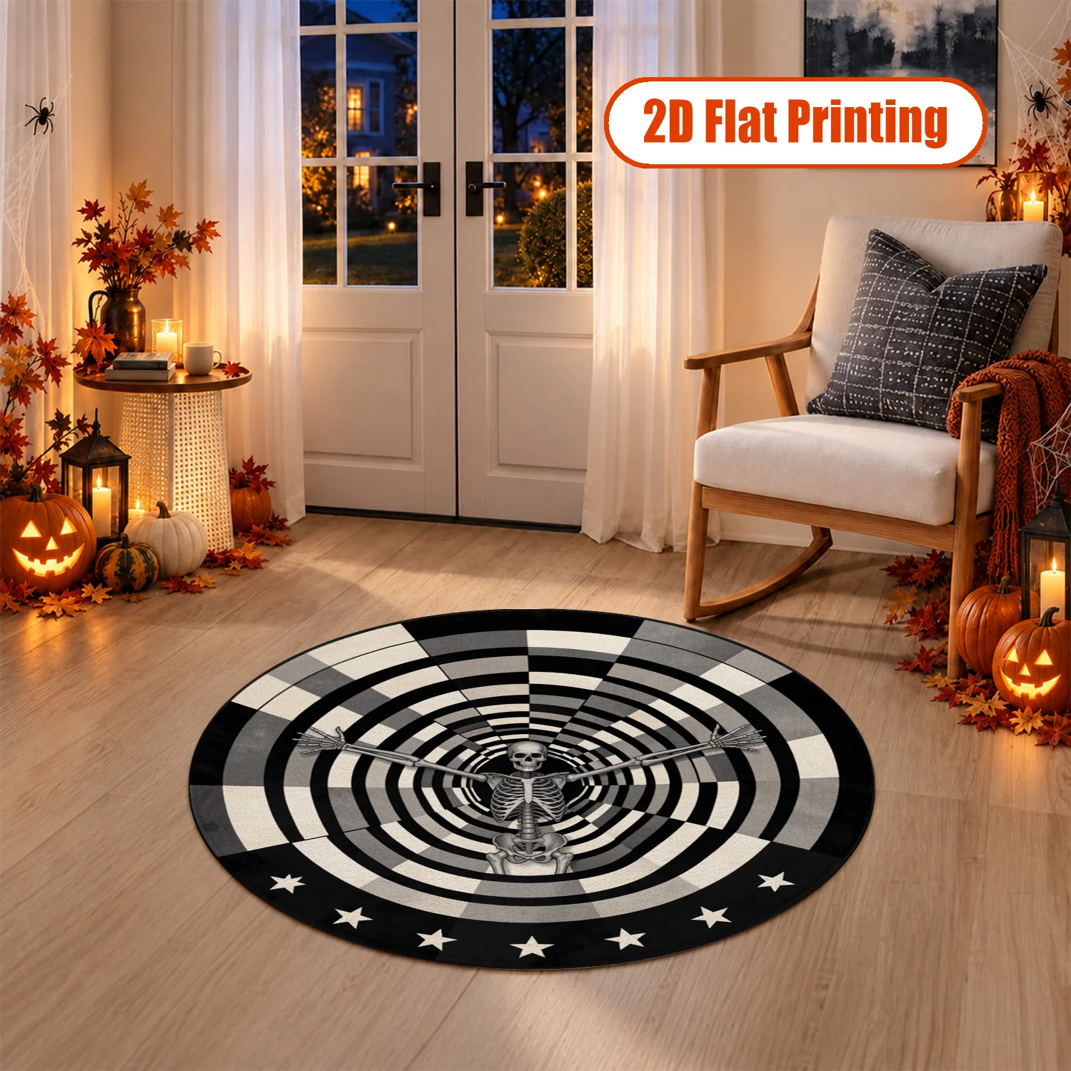 Skeleton Spiral Star Design Round Rug Velvet Machine Washable Living Room Bedroom Foyer Halloween Thanksgiving Christmas Black Friday Cyber Monday