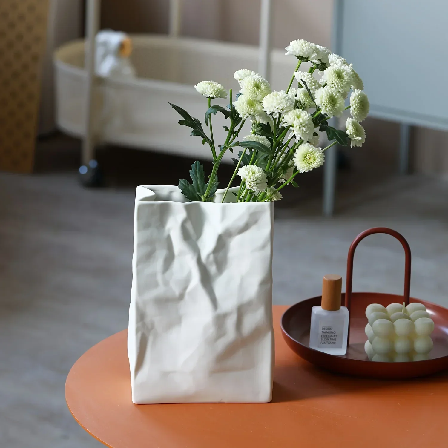1pc Nordic Boho Style Ceramic Vase - Unique Crinkle Paper Bag Design for Modern Home Decor, Weddings, Parties, and Gifts