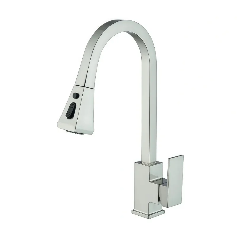 Kitchen Faucet Pull-Out Sink Faucet Hot and Cold Water Faucet Oatmeal Color Rotatable Square