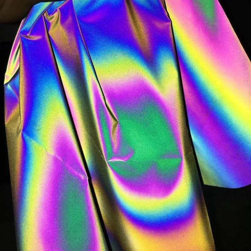 30cm/50cm/100cm/200cm Colorful Rainbow Reflective Fabric Glow in Dark Fabric Magic Material for Sewing 140cm Width