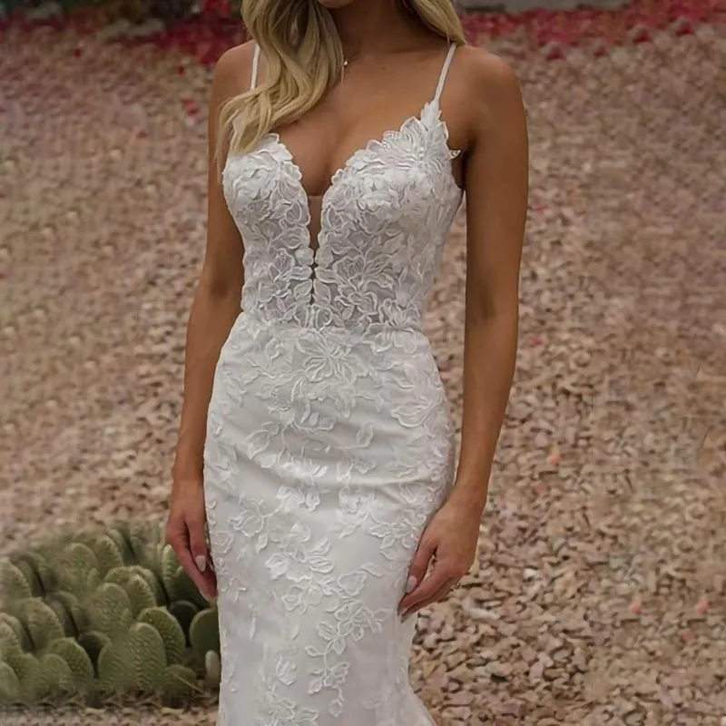 Fair Lady-vestidos de novia con cuello en V para mujer, traje de novia con tirantes de cuentas, apliques de encaje, 2024