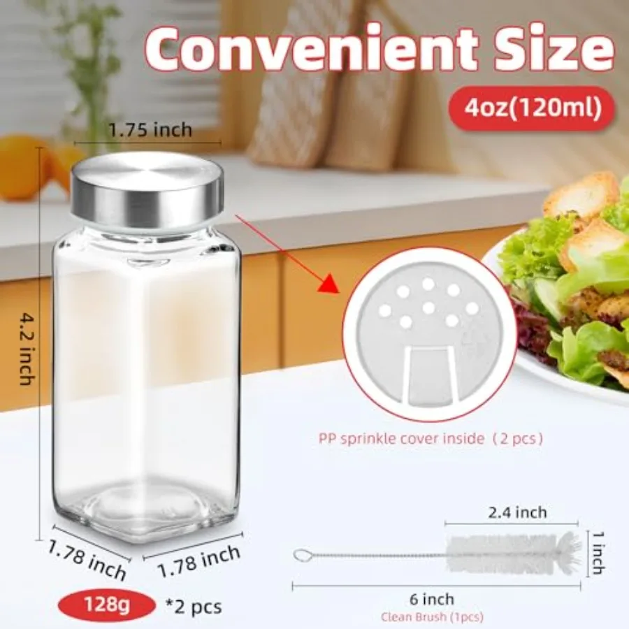 2Pcs 4oz Glass Spice Jars with Shaker Lids, Spice Jars Trial Set and Supplement Set, Empty Spice Containers and Square Spice Bo view 2