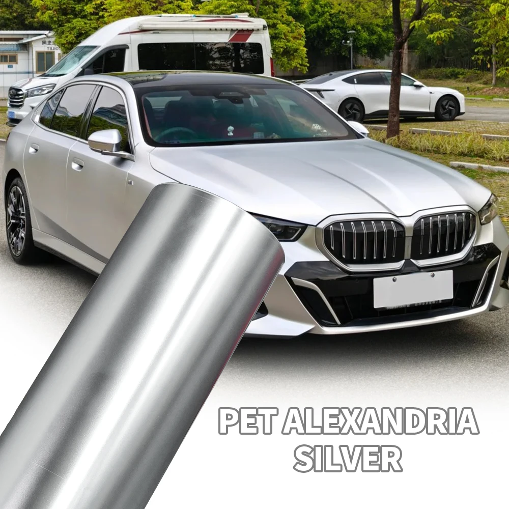 

Premium PET Satin Ghost Chrome Alexandria Silver Vinyl Wrap Film Roll Self Adhesive Motorbike Car Wrapping Decals