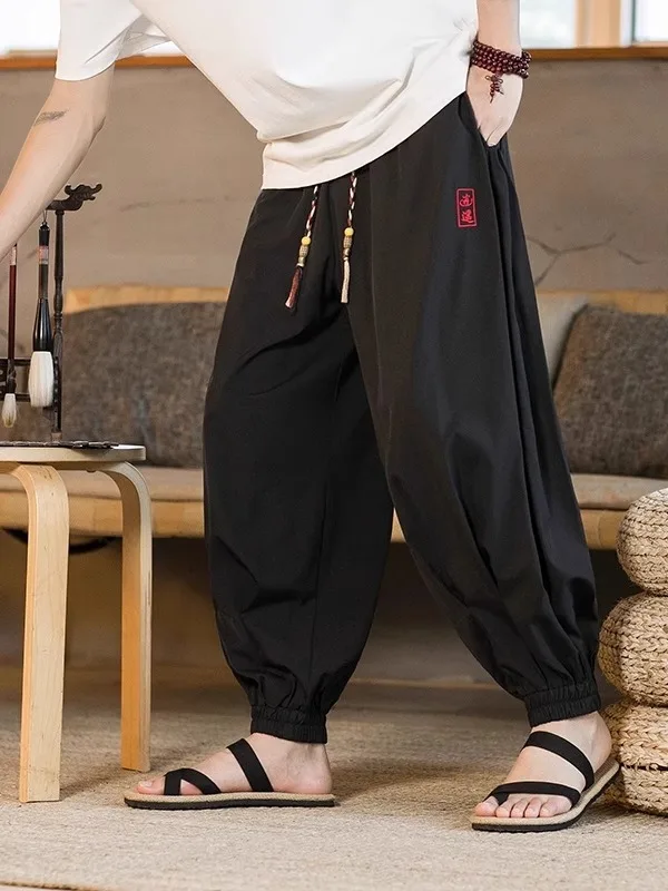 

Summer Thin Ice Silk Casual Pants Men's Loose Harlan Cuffed Lantern Pants Straight Leg Loose Fit Youthful Sle Regular Thi...