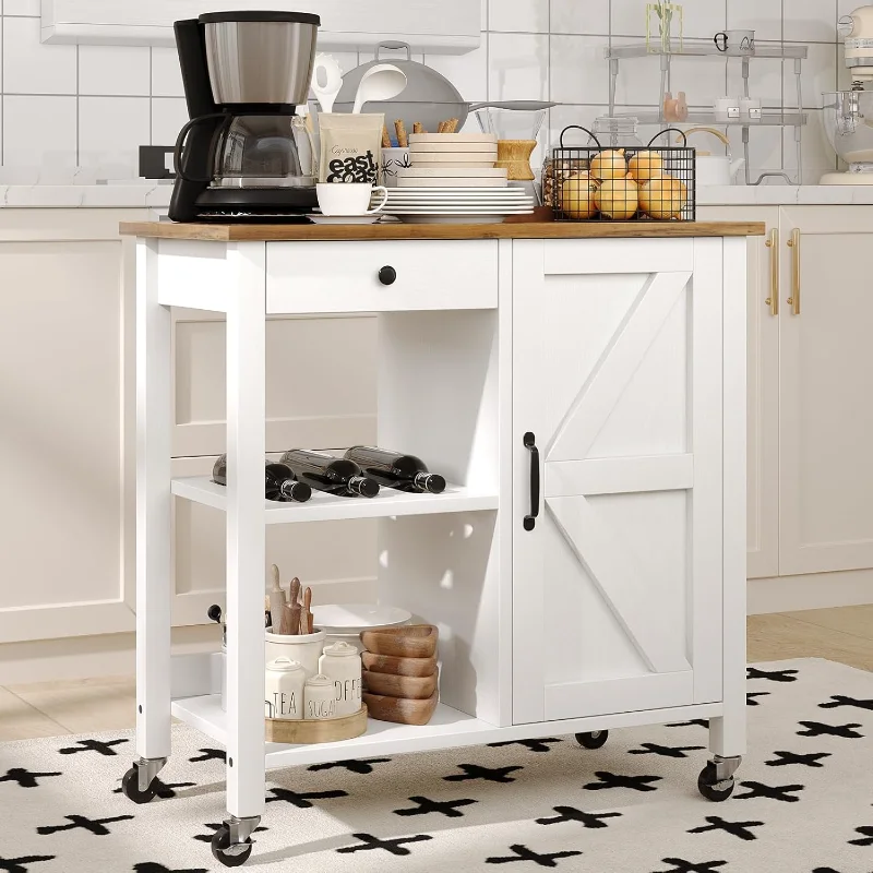 

4 EVER WINNER Kitchen Island Cart with Storage, Coffee Cart with Drawer, Wine Rack, Adjustable Shelf, Island Table for Kitchen