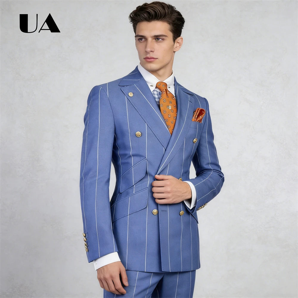 

Blue Plaid Two Pieces Suit Including Jacket Pants, Double Side Pockets Formal Business Suit Attire XS-4XL Men's Prom Outfit