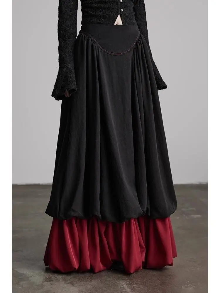 

Elegant High Quality A-Line Skirt with Color Block Design for Women Spring Summer Fashion Black And Red Contrast Skirt
