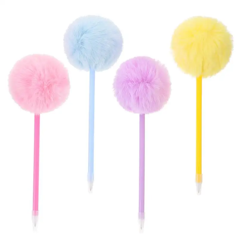 4pcs studenti penna a sfera soffice penne a sfera penna stilografica a sfera penna a sfera sfocata penna a sfera Pom palla per capelli peluche colore casuale