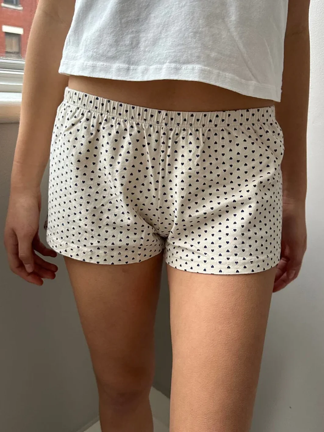 

Heart Print Casual Home Shorts Vintage Cute Elastic High Waist Straight Short Pants Women Summer Sweet Cotton Sweatshorts Y2k