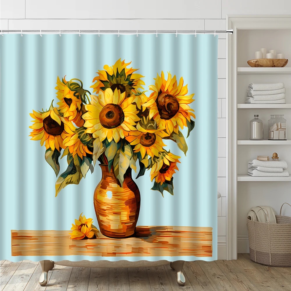 4Pcs Watercolor Sunflower Shower Curtain Set Non-Slip Rug Toilet Lid Cover Bath Mat Yellow Floral Bonsai Vase Bathroom Curtains