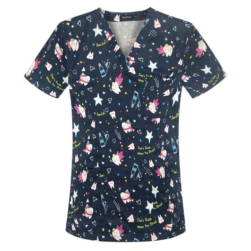Print Medical Uniforms Women Scrubs Tops Nurse Uniform Short Sleeve T-Shirt Dental Clinic Beauty Spa Workwear Nurses Accesories