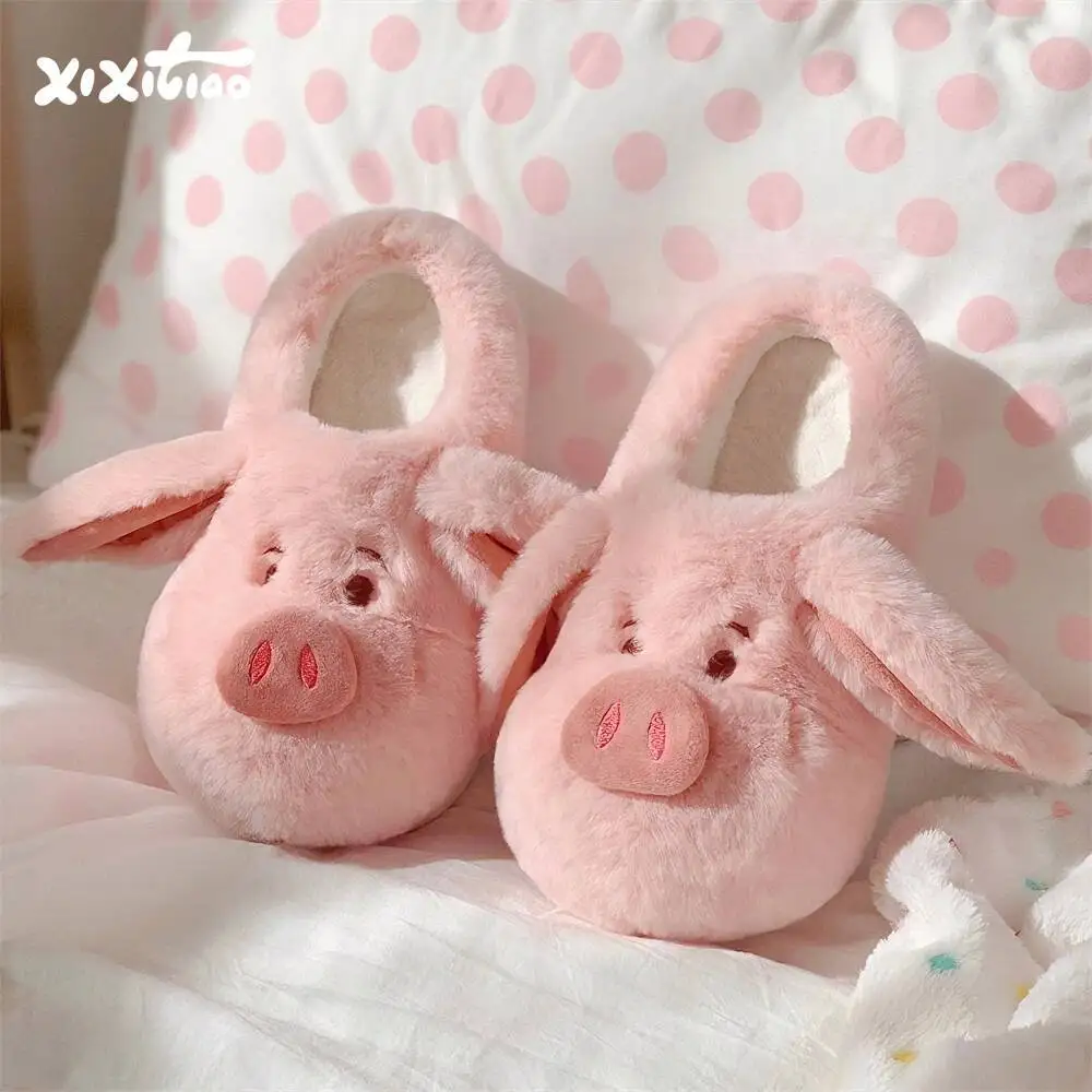 

Pink Pig Fluffy Slippers for Women Comfortable Warm Winter Style Girlish Home Maternity Shoes
